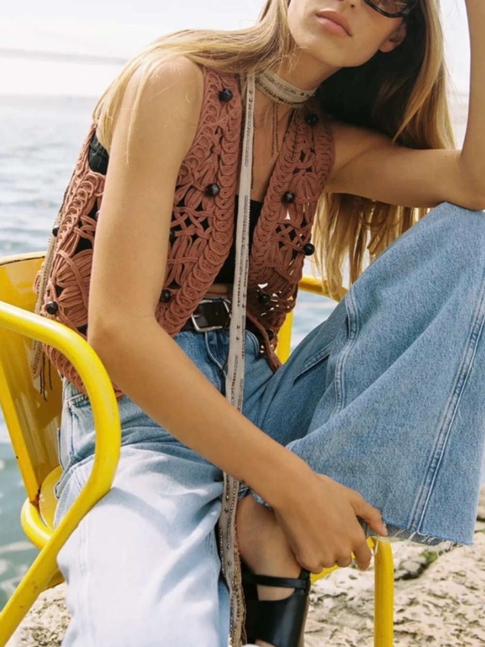 ZARA Openwork Crochet Vest in Rust Orange